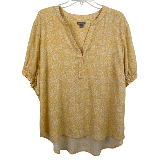 Falls Creek Womens Size 2X Yellow & White Floral Print Linen Blend Shirt - Picture 1 of 10